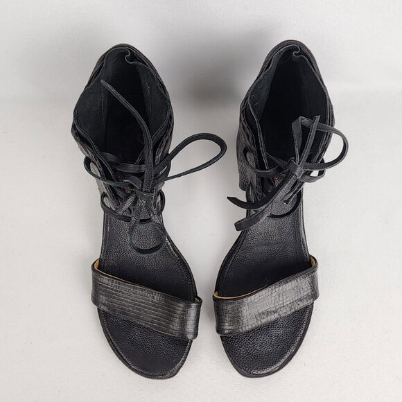 AS98 Black Leather Lace Up Chunky Heel Sandals Size 8.5 - Picture 4 of 9
